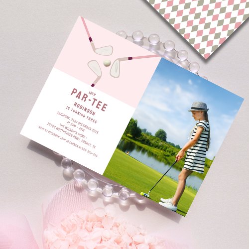 Pink Modern Lets Par_tee golf birthday Photo Invitation