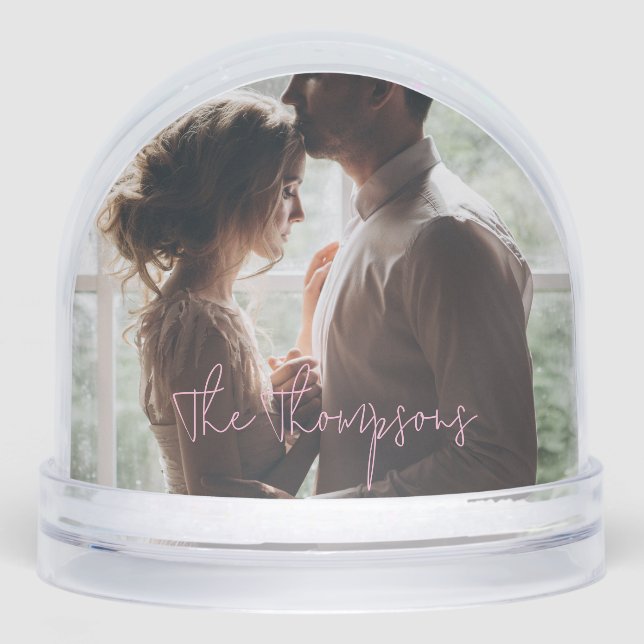 Pink Modern Love Couple's Photo Snow Globe (Front)
