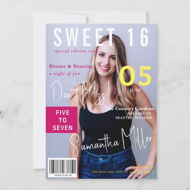Pink Modern Magazine Cover 2 Photos Sweet 16  Invitation (Front)