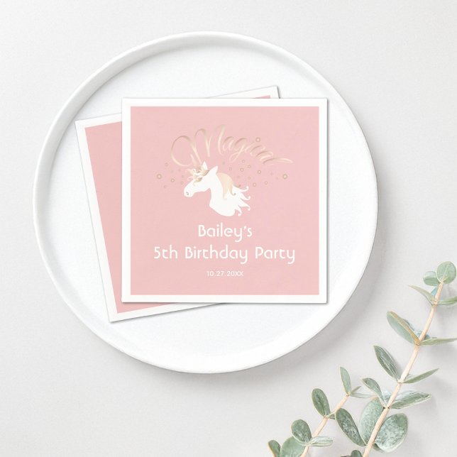 Pink Modern Magical Unicorn Kids Birthday Paper Napkins (Creator Uploaded)