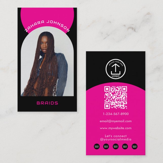Pink Modern Makeup Hair Arch Photo QR Code Logo Business Card (Front/Back)