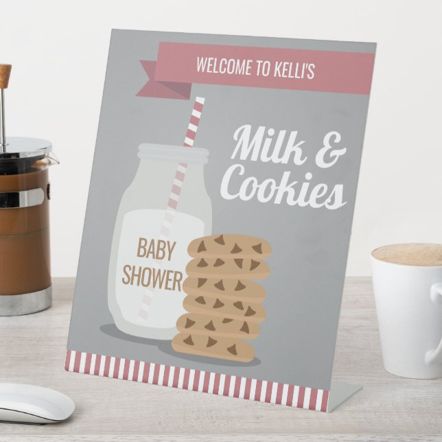 Pink Modern Milk and Cookies Striped Pedestal Sign (In SItu)