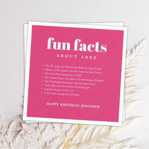 Pink Modern Minimal Fun Facts Birthday Year Napkins