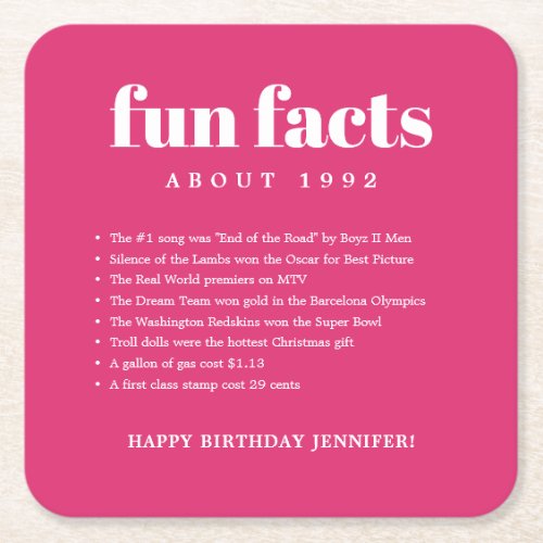 Pink Modern Minimal Fun Facts Birthday Year Square Paper Coaster