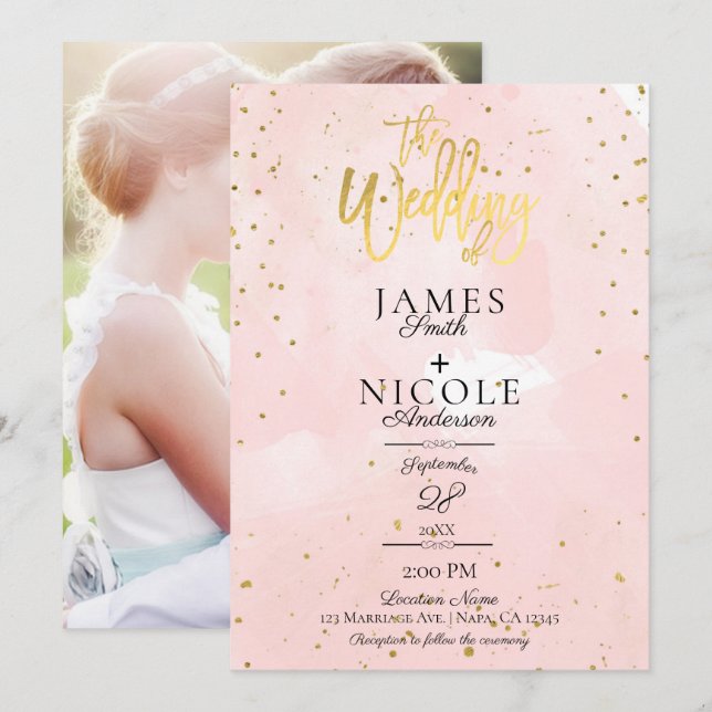 Pink Modern Minimal Gold Foil Full Photo Wedding Invitation (Front/Back)