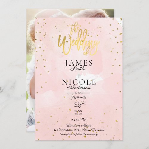Pink Modern Minimal Gold Foil Full Photo Wedding Invitation