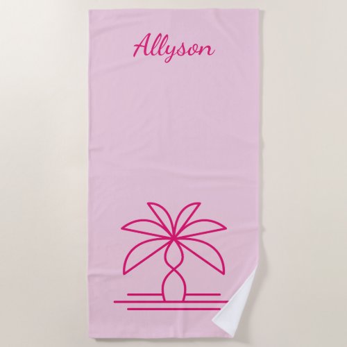 Pink Modern Minimalist Palm Tree Personalized  Beach Towel