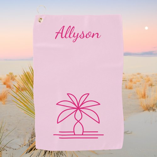 Pink Modern Minimalist Palm Tree Personalized  Golf Towel