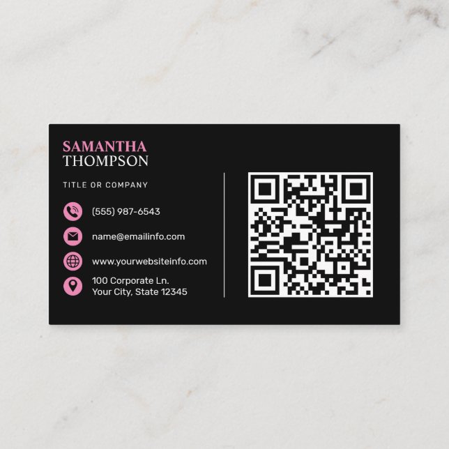 Pink Modern Minimalist Professional QR Code Black Business Card (Back)