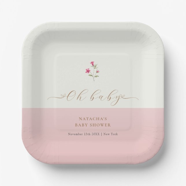 Pink Modern Minimalist Wildflower Baby Shower  Paper Plates (Front)