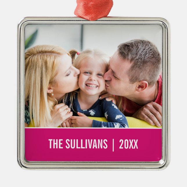 Pink | Modern Personalized Photo and custom text Metal Ornament (Front)