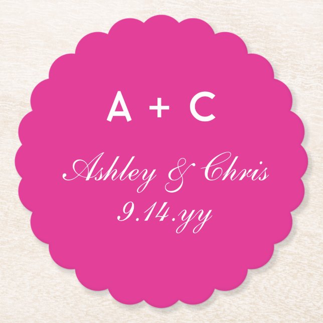 Pink Modern Personalized Wedding Reception Favor Paper Coaster (Front)