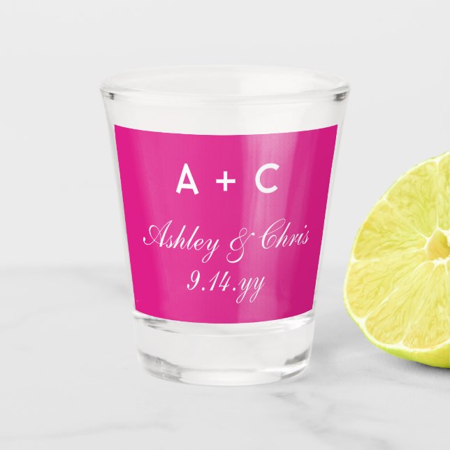 Pink Modern Personalized Wedding Reception Favor Shot Glass (Front)