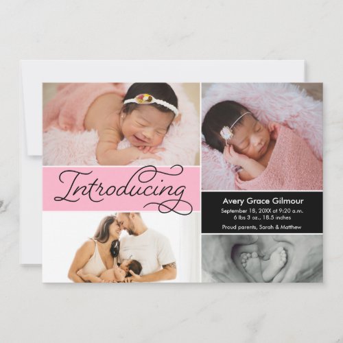 Pink Modern Photo Collage Introducing Baby Girl Announcement