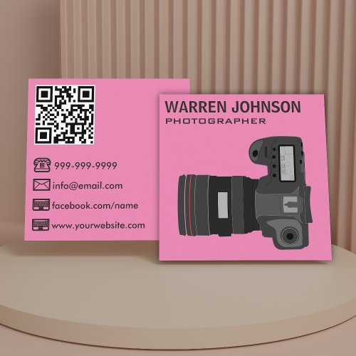 Pink Modern Photographer QR Code Square Business Card