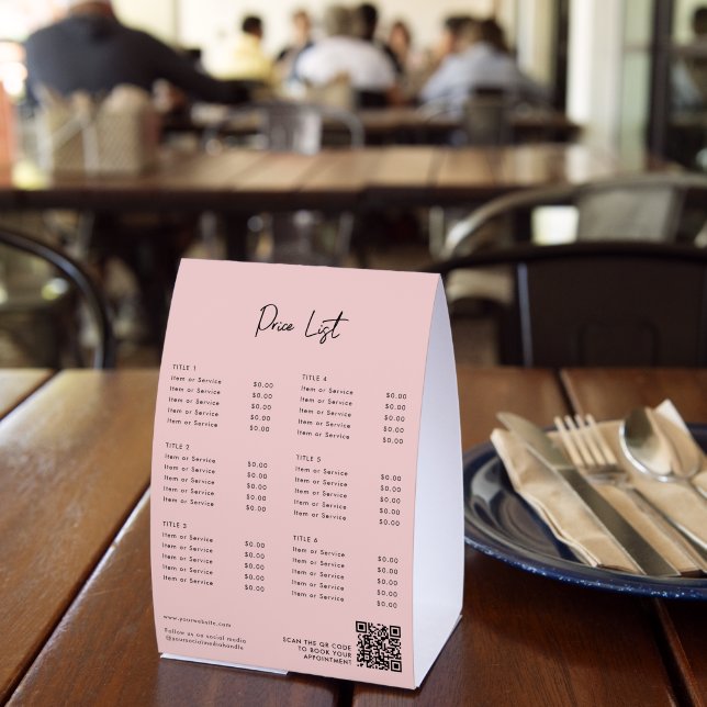 Pink Modern Price List Menu QR Code Social Media Paper Table Tent (Insitu(Restaurant))
