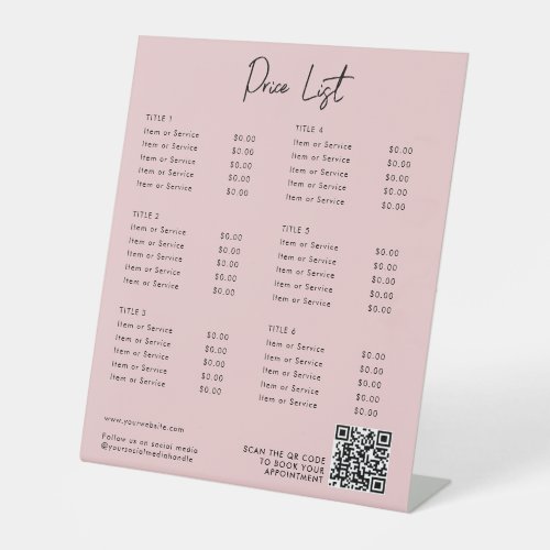 Pink Modern Price List Menu QR Code Social Media Pedestal Sign