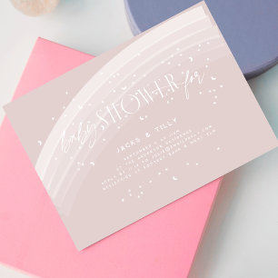 Pink Modern Rainbow and stars White Baby Shower Invitation