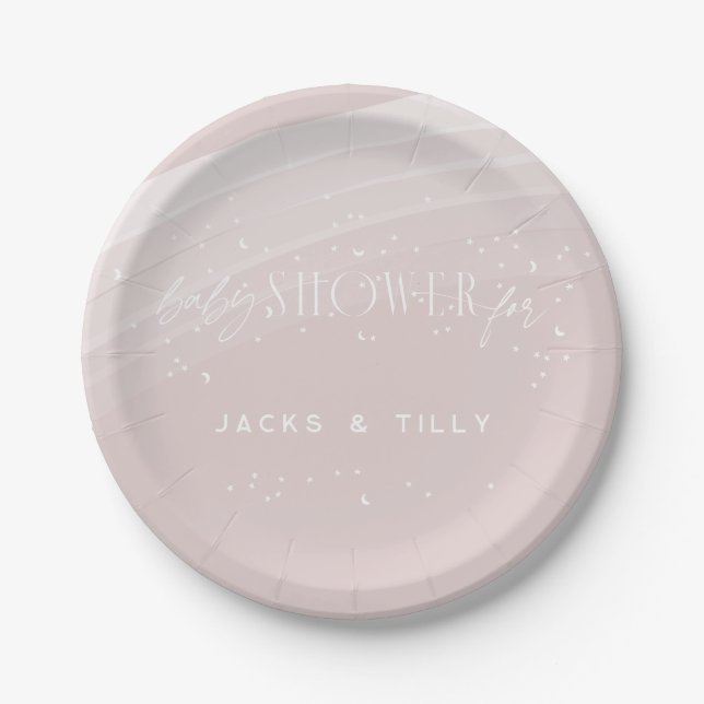 Pink Modern Rainbow and stars White Baby Shower Paper Plates (Front)