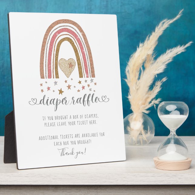 Pink Modern Rainbow Glitter Stars Diaper Raffle Plaque (Side)