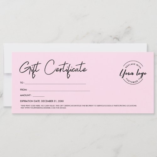 Pink Modern Script Custom Logo Gift Certificate Invitation