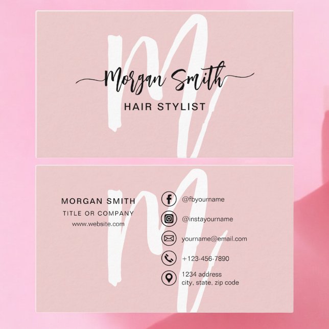 Pink Modern Script Girly Monogram Name Business Card (Creator Uploaded)