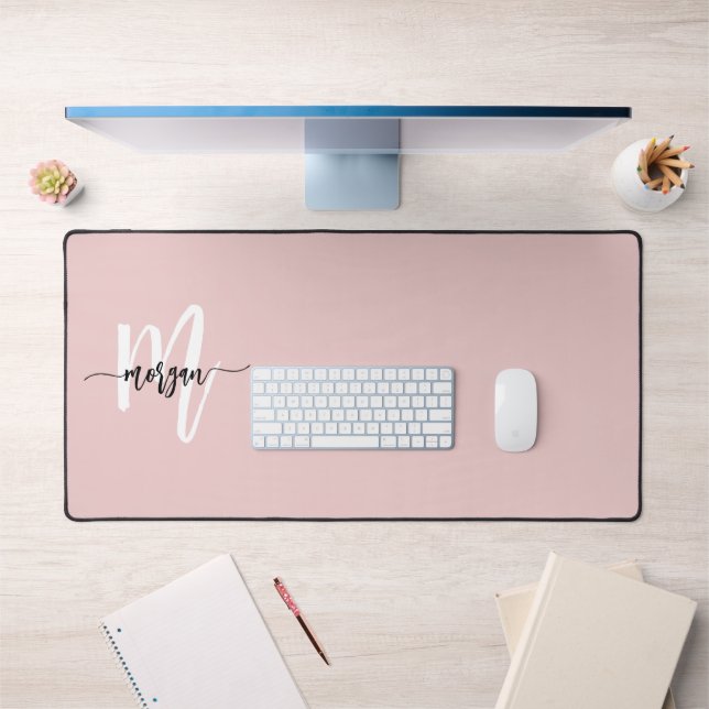 Pink Modern Script Girly Monogram Name Desk Mat (Office 1)