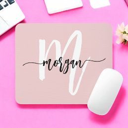 Pink Modern Script Girly Monogram Name Mouse Pad