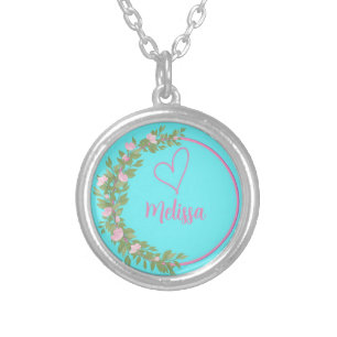 Pink Modern Script Girly Monogram Name Silver Plated Necklace