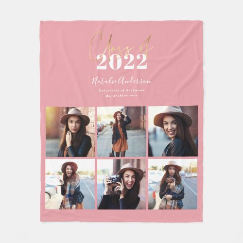 pink modern script grad multi photo class of 2022 fleece blanket