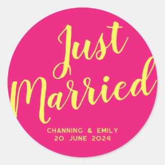 Pink Modern Script Just Married Classic Round Sticker