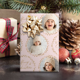 Pink Modern Script Merry Christmas Family 6 photo Wrapping Paper