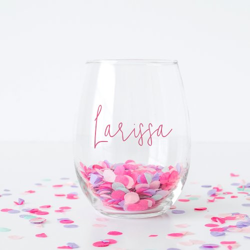 Pink Modern Script Name Bachelorette Bridal Party Stemless Wine Glass
