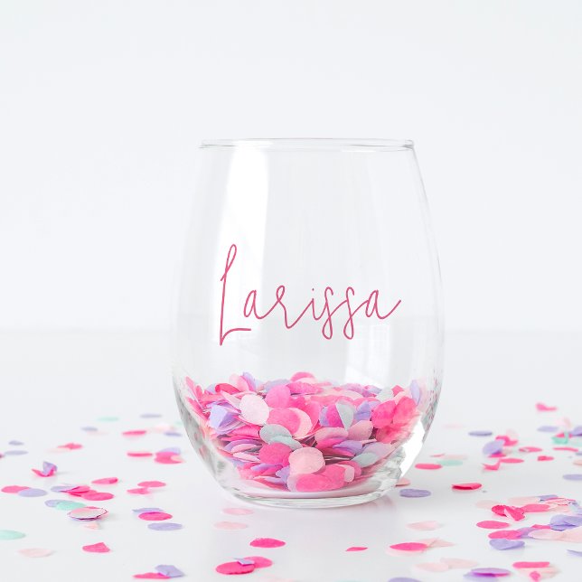 Pink Modern Script Name Bachelorette Bridal Party Stemless Wine Glass (Creator Uploaded)