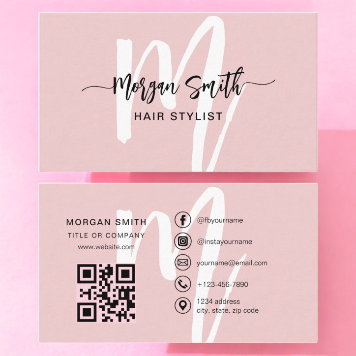 Pink Modern Script QR Code Monogram Name Business Card