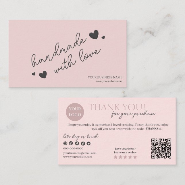 Pink Modern Script QR Code, Thank You Candle Business Card (Front/Back)