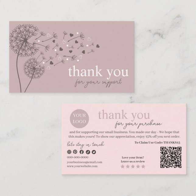 Pink Modern Script QR Code, Thank You Candle Business Card (Front/Back)