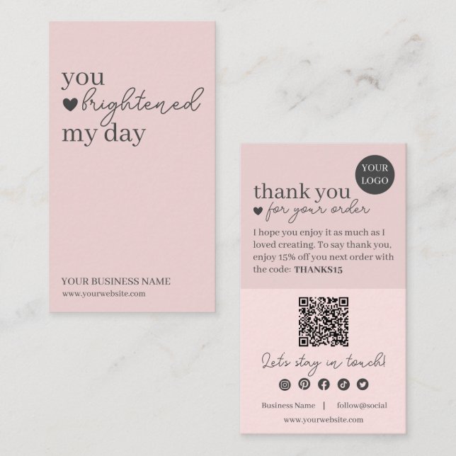 Pink Modern Script QR Code, Thank You Candle Business Card (Front/Back)