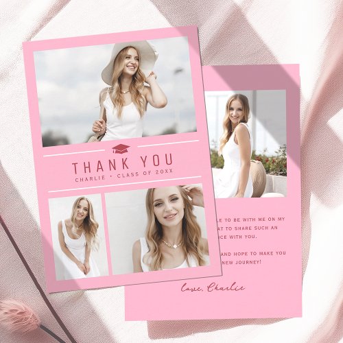 Pink Modern Simple Typography 4 Photo Graduation  Thank You Card