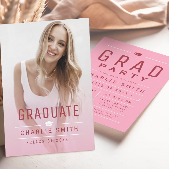 Pink Modern Simple Typography Photo Graduation Invitation (Pink Modern Simple Typography Photo Graduation Invitation)