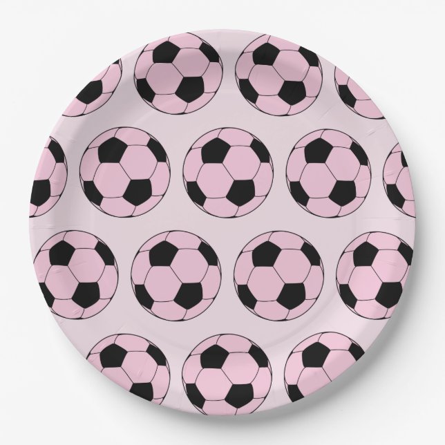 Pink Modern Soccer Ball Football Pattern Paper Plates (Front)