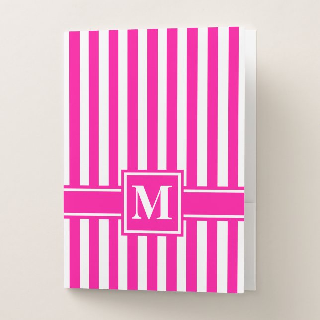 Pink Modern Stripe with Monogram Pocket Folder (Front)