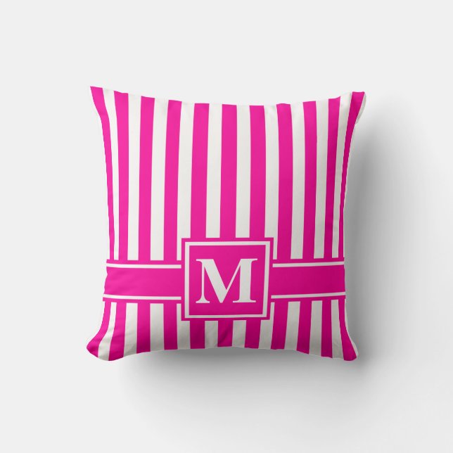 Pink Modern Stripe with Monogram Throw Pillow (Front)