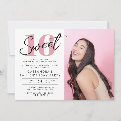 Pink Modern Sweet Sixteen Birthday with Photo Invitation