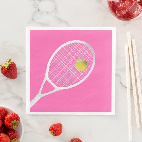 Pink Modern Tennis Ball White Racket  Paper Dinner Napkins