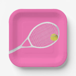 Pink Modern Tennis Ball White Racket Paper Plates