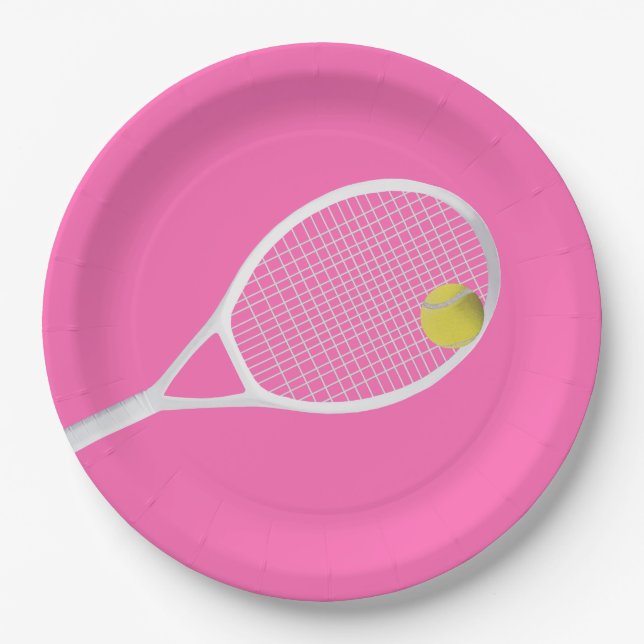 Pink Modern Tennis Ball White Racket  Paper Plates (Front)