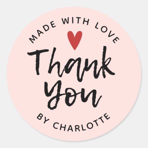 Pink Modern Thank You Script Handmade With Love Classic Round Sticker