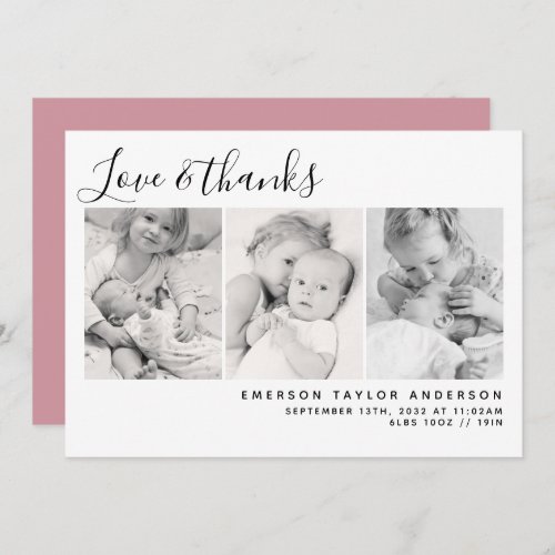 Pink Modern Three Photos New Baby Thank You Card