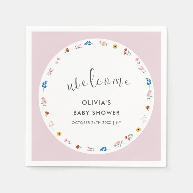 Pink Modern Tiny Wildflower Baby Shower Welcome Napkins (Front)